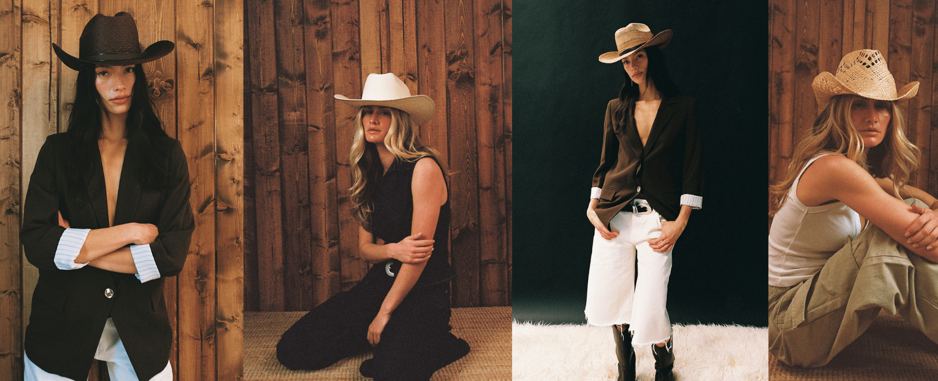 Four images of a woman wearing cowboy hats and western attire against different backgrounds.