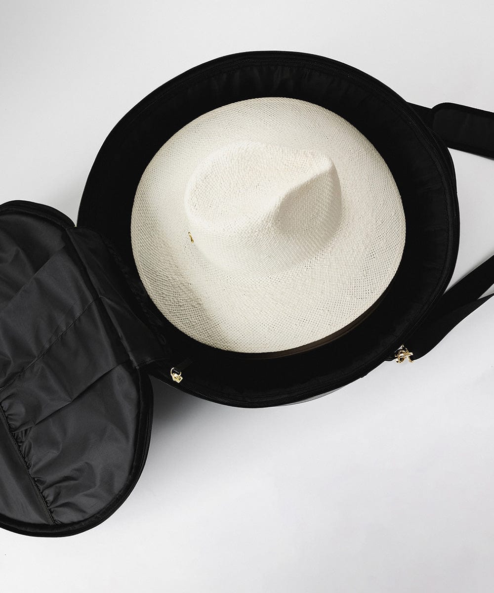 A black round hat travel case with a white hat inside #color_black