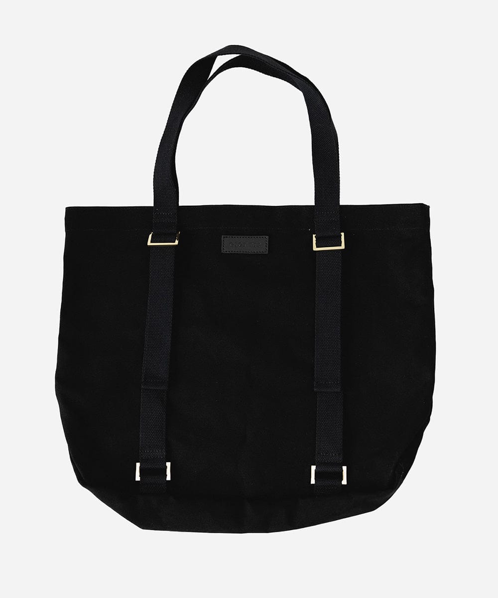 A black canvas tote bag with two adjustable straps designed to carry a hat. #color_black