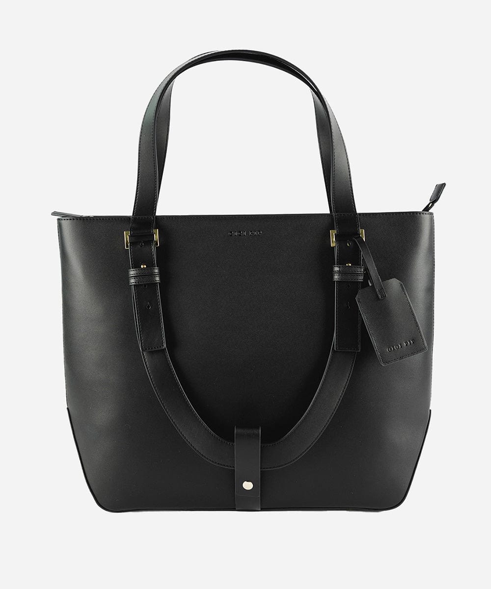 A black Hayes Hat Carrying Tote made of genuine leather, displayed against a white background. #color_black