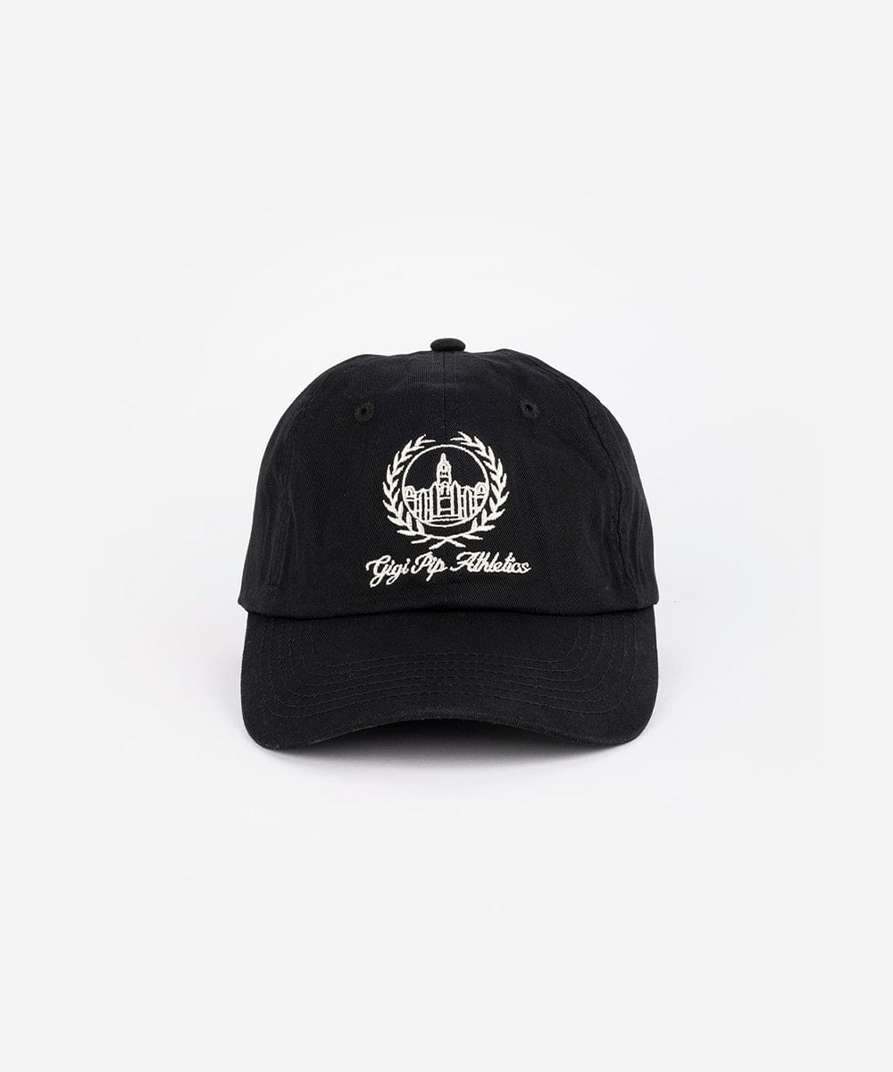 A black ball cap with a white logo and text on a plain background #color_black