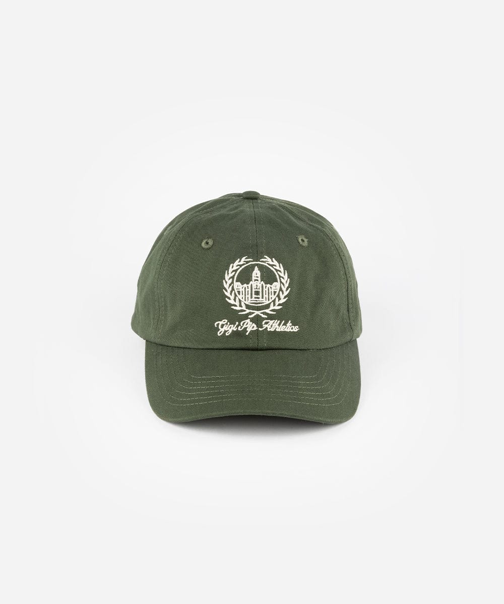 A dark green ball cap with a white logo and text on a plain background #color_dark green