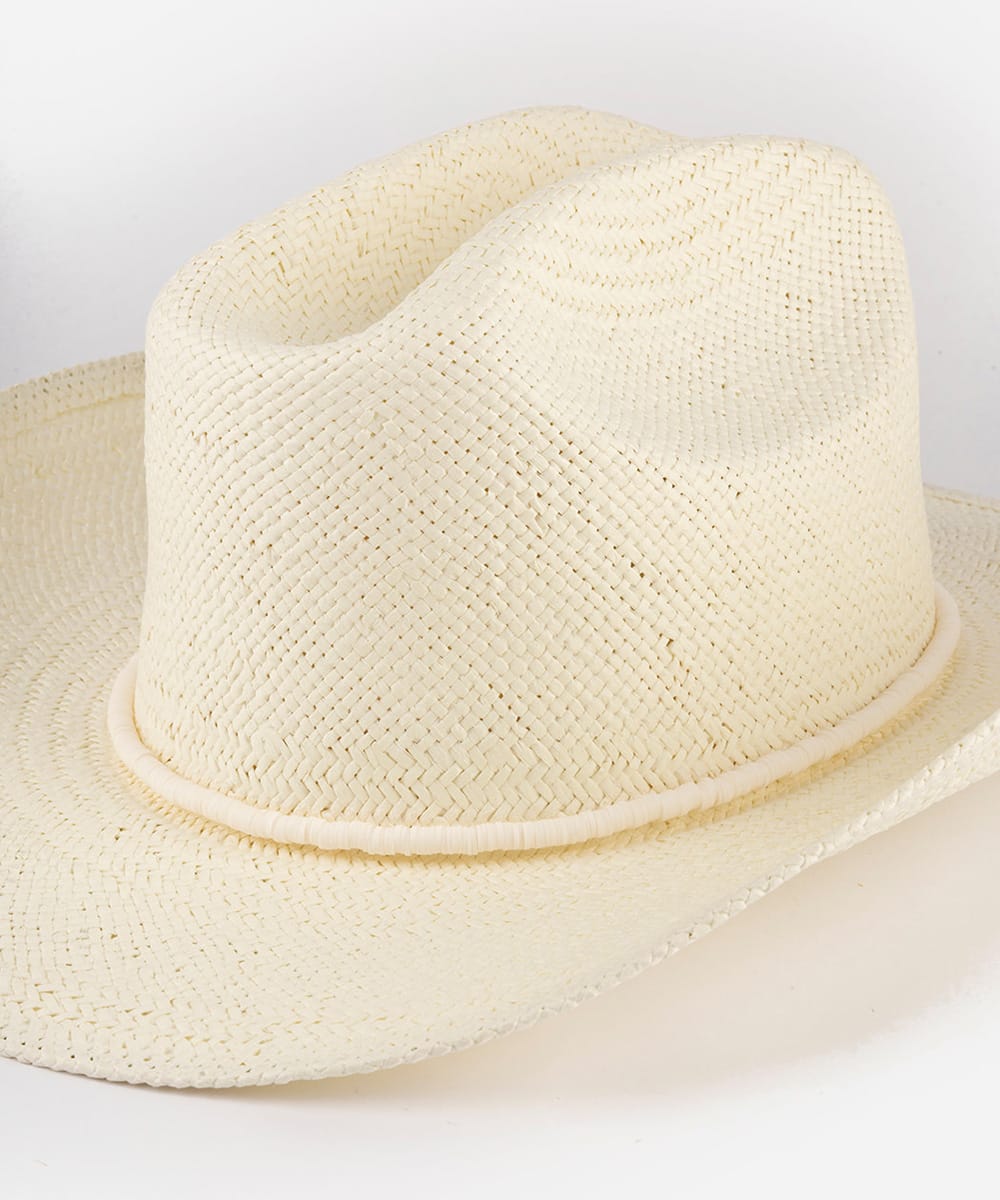 Beige straw hat with a decorative band in a white background #color_cream