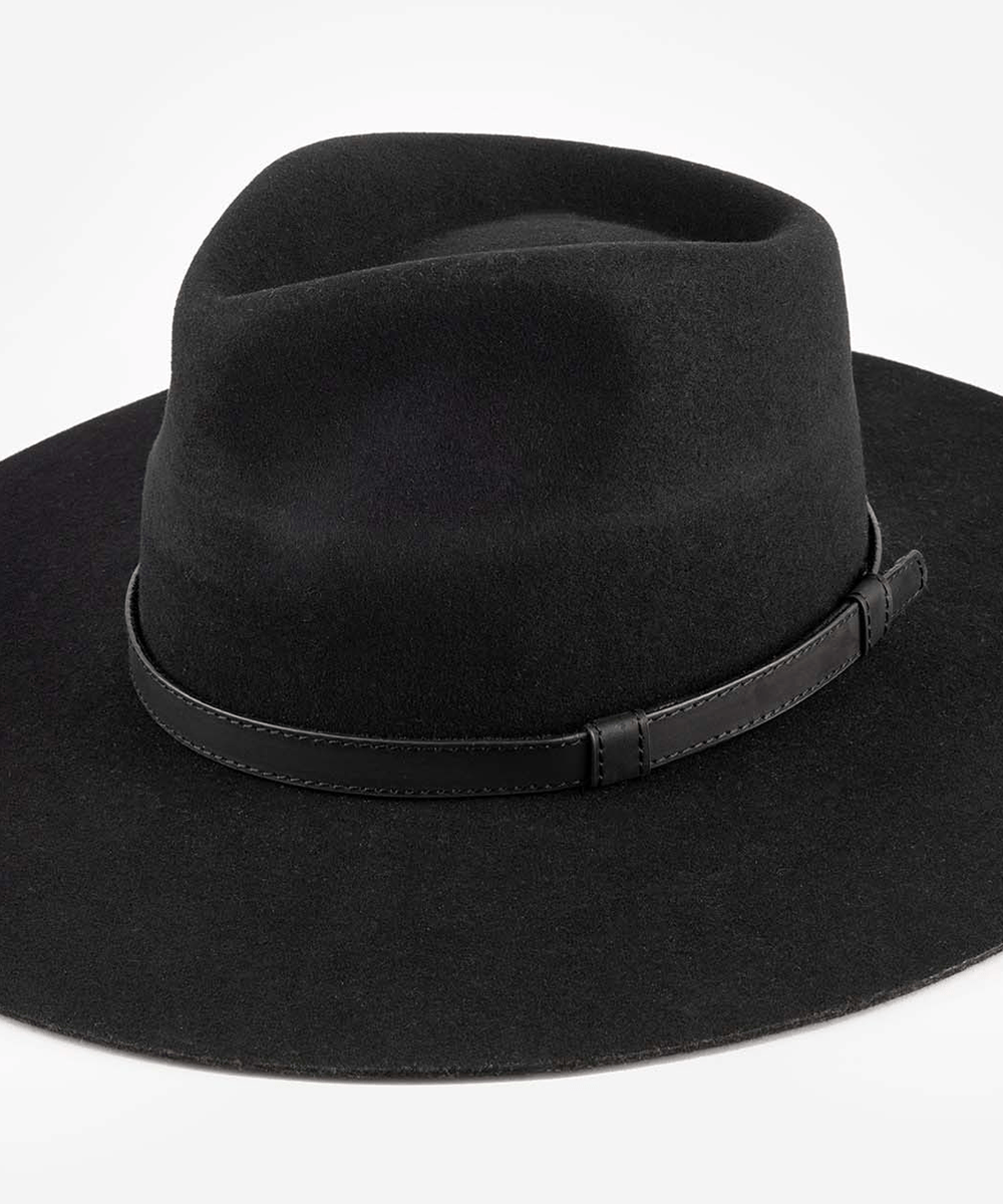 Black fedora hat with a wide brim and leather band on a white background #color_black