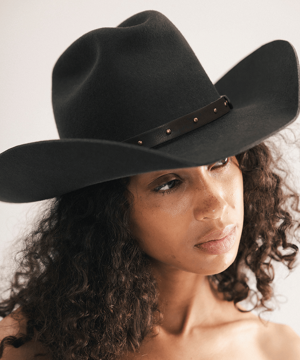 Brown cowboy hat with a leather band on a white background #color_dark brown - brass