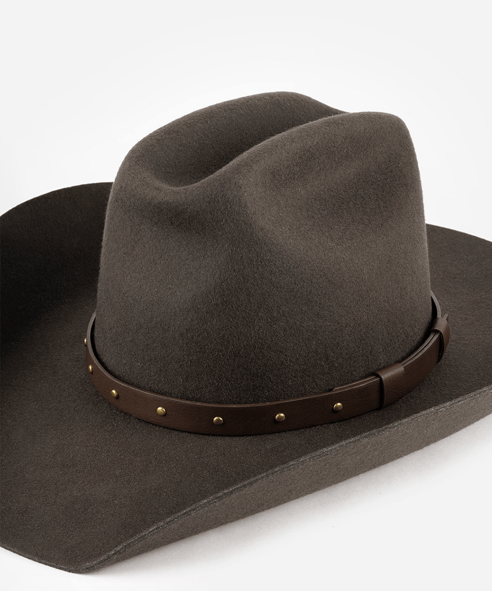 Brown cowboy hat with a leather band on a white background #color_dark brown - brass