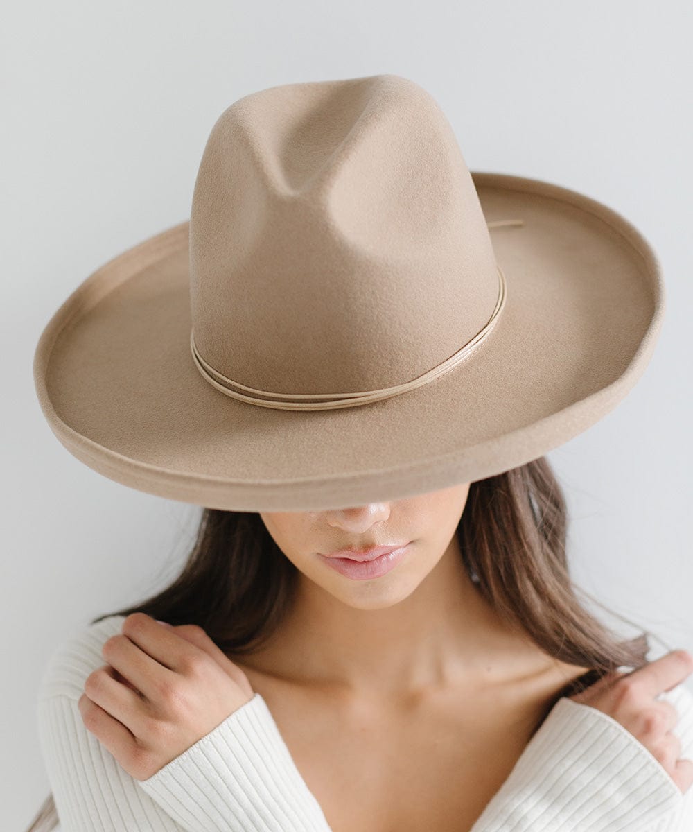 Person wearing a beige cowboy hat with a tan hat band against a plain background #color_tan
