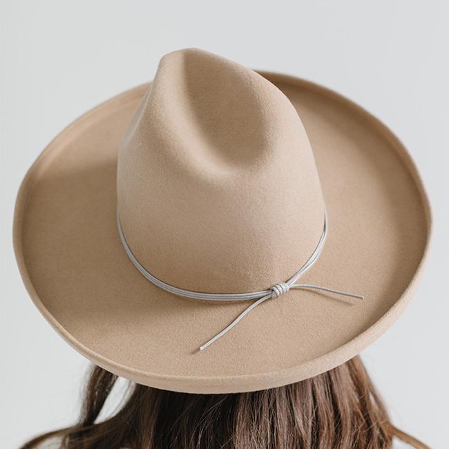 Person wearing a beige cowboy hat with a light grey hat band, facing behind against a plain background #color_light grey