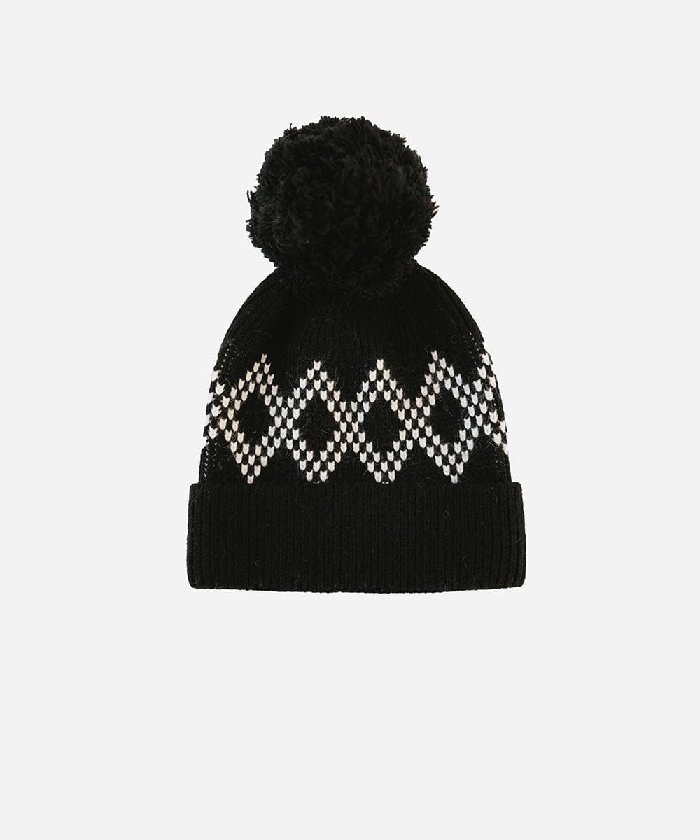 A black knit beanie with a pom-pom on a white background #color_black