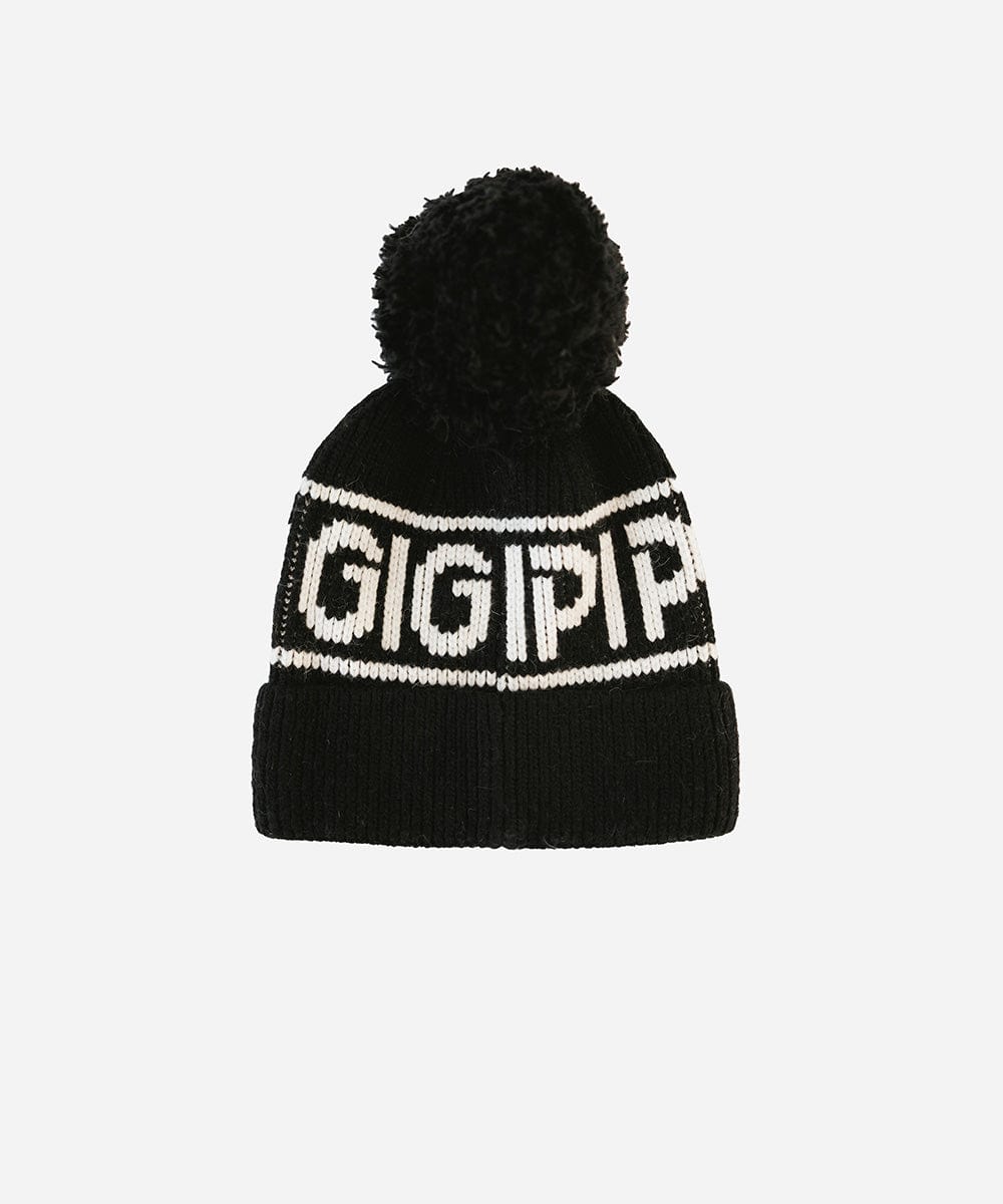 A black knit beanie with pom-pom and 'GIGI PIP' branding on a white background #color_black