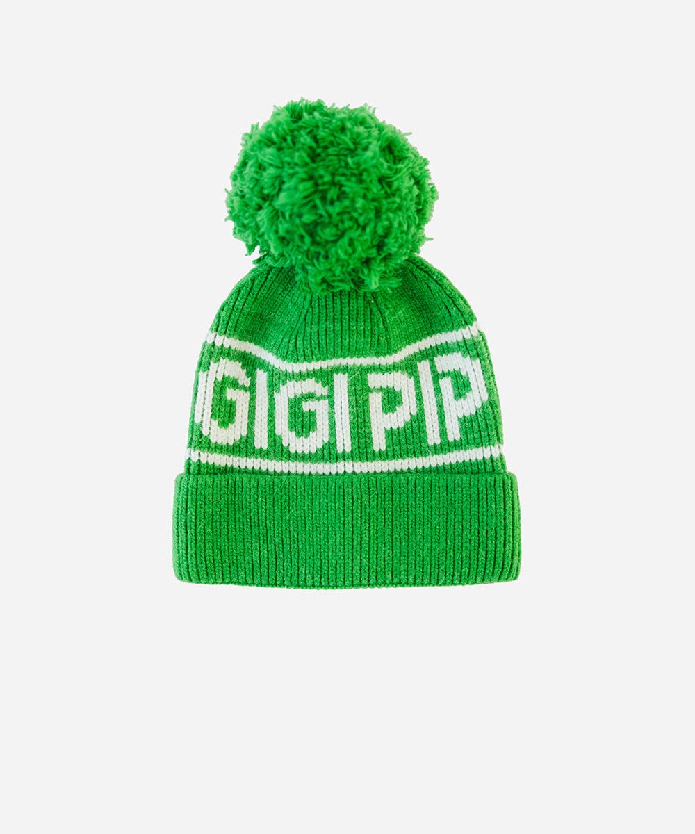 An evergreen colored knit beanie with pom-pom and 'GIGI PIP' branding on a white background #color_evergreen