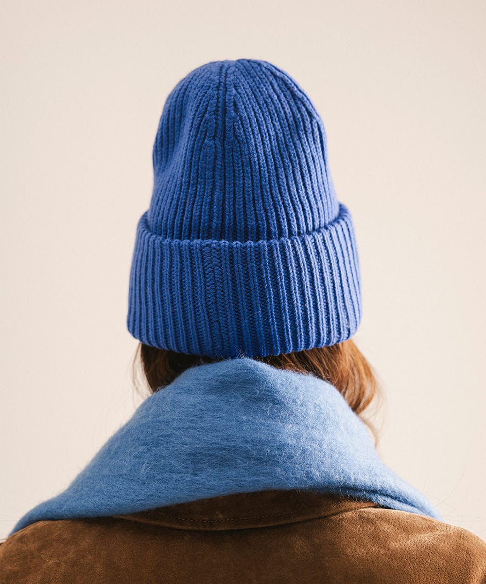 Person wearing a blue knit beanie and scarf facing behind against a plain background #color_alpine blue