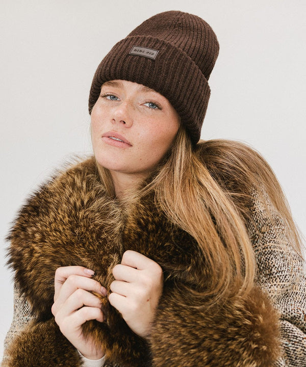 Gigi Pip beanies for women - Gigi Merino Wool Beanie - 100% merino wool double fold beanie featuring a Gigi Pip branded silicone patch on the front fold [dark brown]