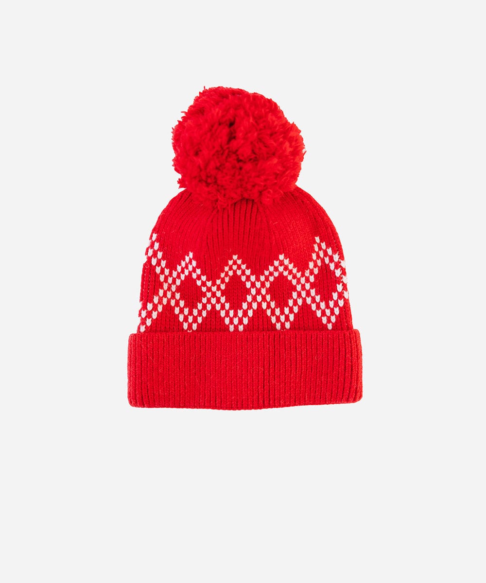 A ruby red colored knit beanie with a pom-pom on a white background #color_ruby red