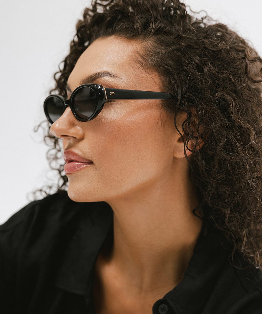 Woman wearing black sunglasses and a black shirt, facing sideways against a plain background #color_black