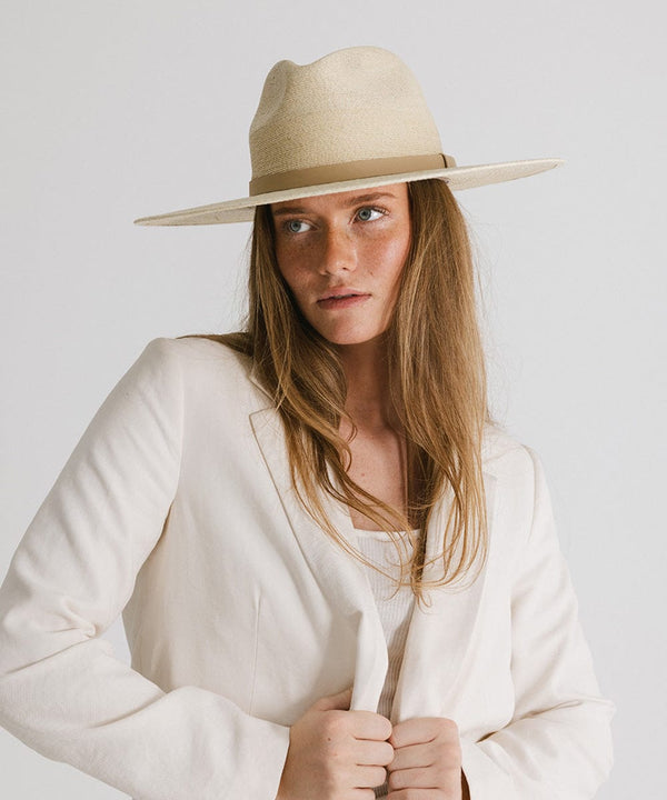 Gigi Pip straw hats for women - Blake - 100% guatemalan palm flat brim straw fedora hat featuring a thin tonal leather band and gp pin on the back [natural]