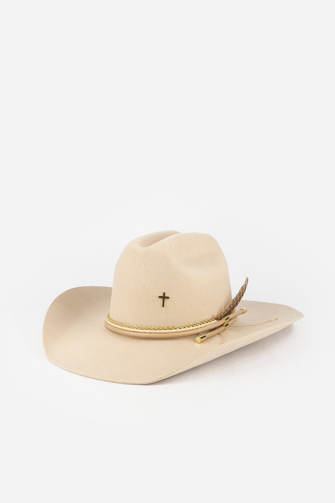 Beige cowboy hat with a cross emblem on a white background #color_gold