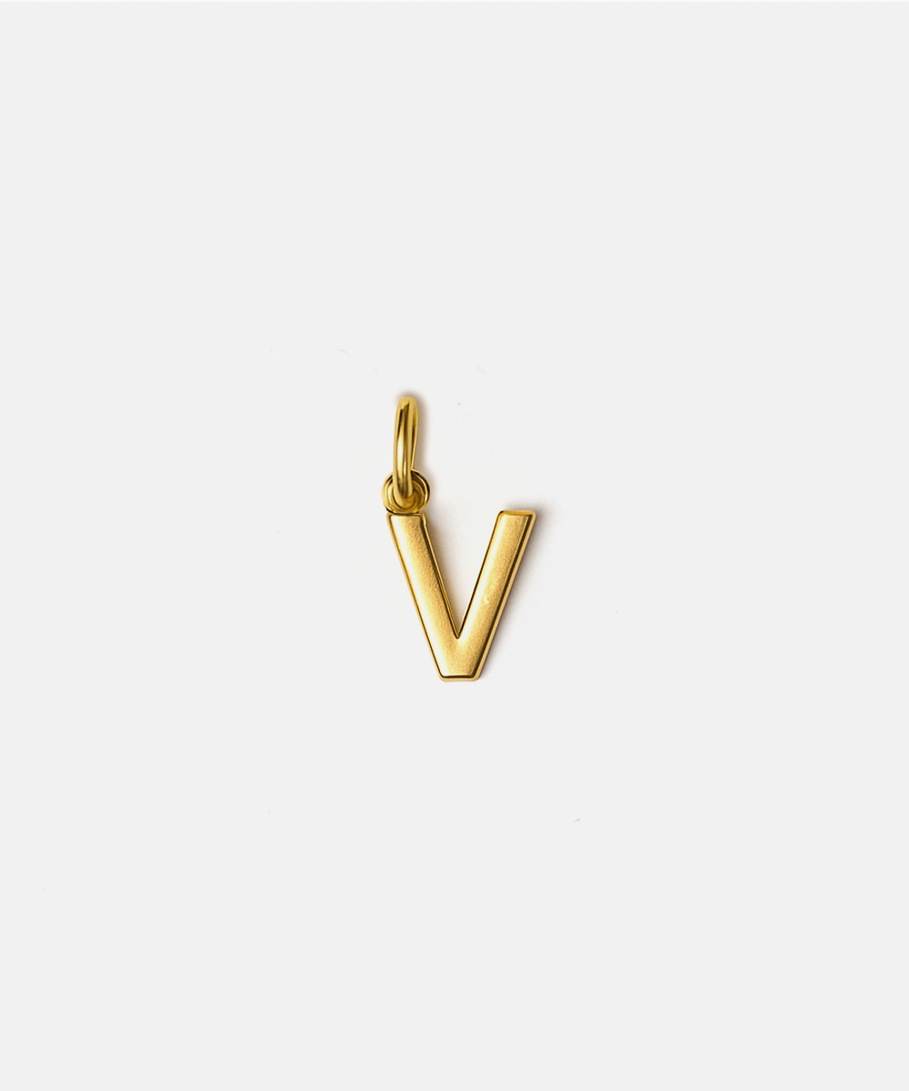 Gold letter 'V' pendant hat charm on a white background #color_gold