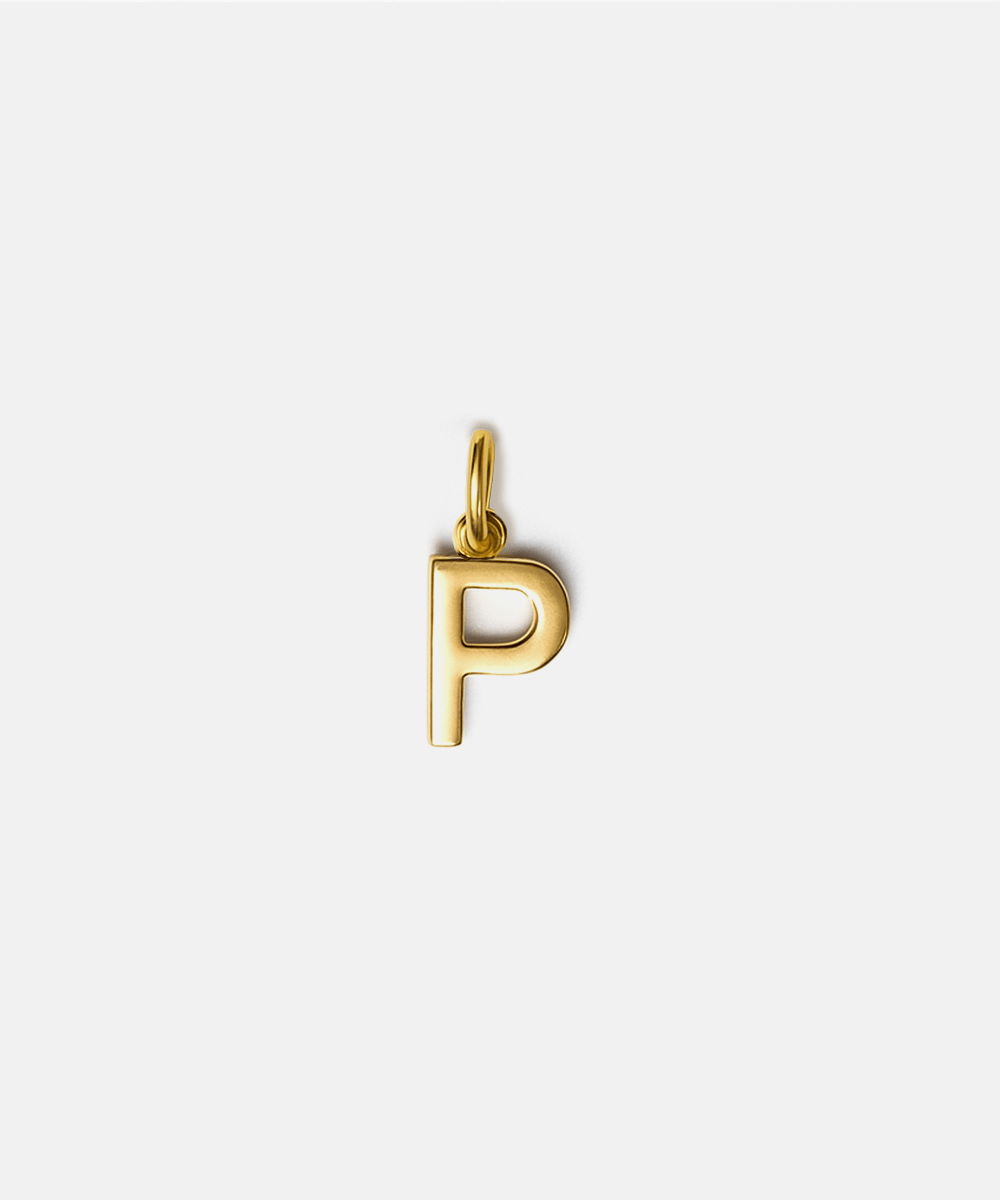 Gold letter 'P' pendant hat charm on a white background #color_gold