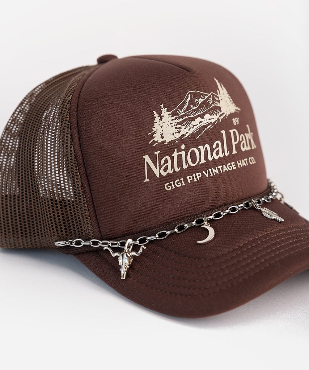 A brown cap with a logo and the text 'National Park' and 'GIGI PIP VINTAGE HAT CO.' with a silver chain along with a gold longhorn hat charm on a plain background #color_gold