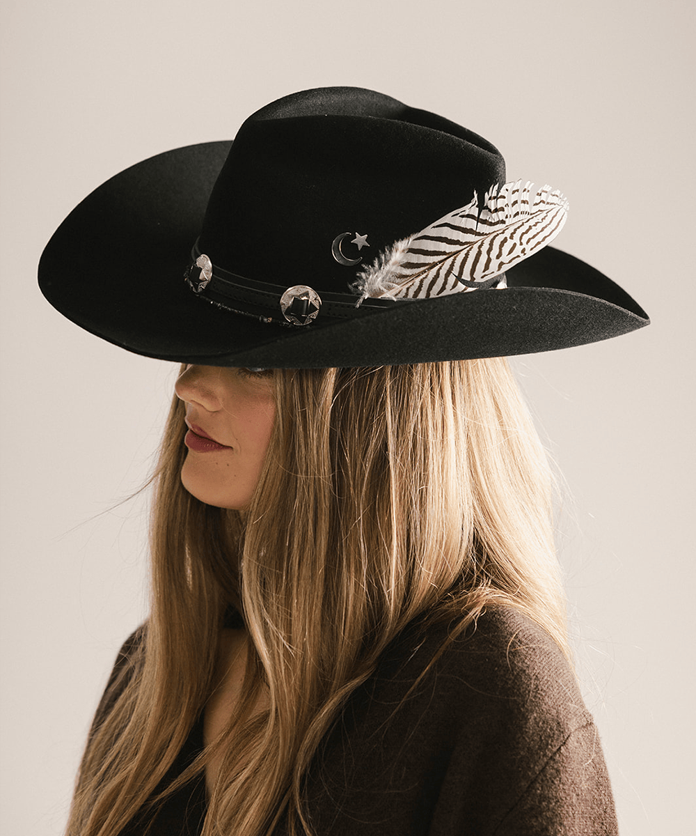 Person wearing a black cowboy hat with decorative band and feather on a neutral background #color_silver