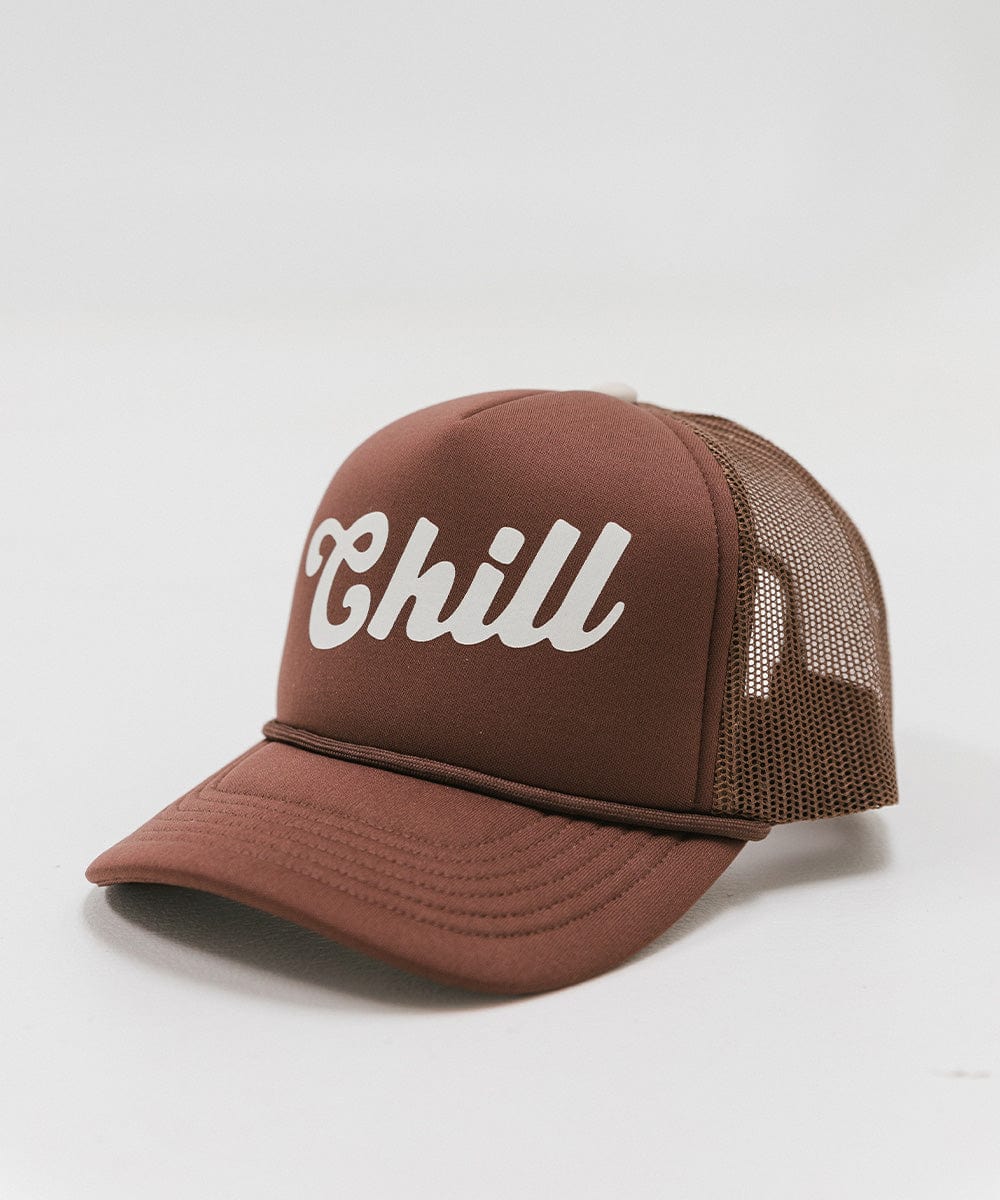 A chocolate brown colored trucker hat with the text 'Chill' on a white background #color_chocolate brown