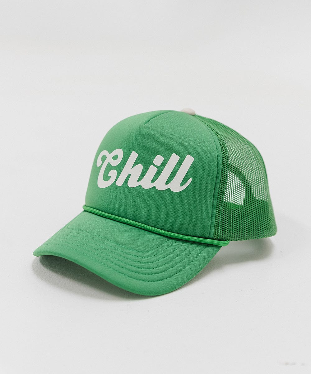 A vintage green colored trucker hat with the text 'Chill' on a white background #color_vintage green