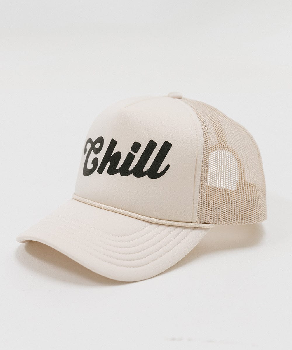 A cream trucker hat with the text 'Chill' on a white background #color_cream