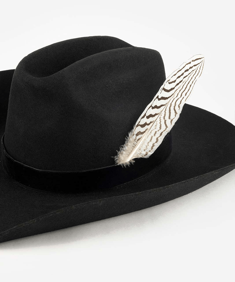 Black fedora hat with a white and dark brown colored hat feather on a white background #color_white-dark brown