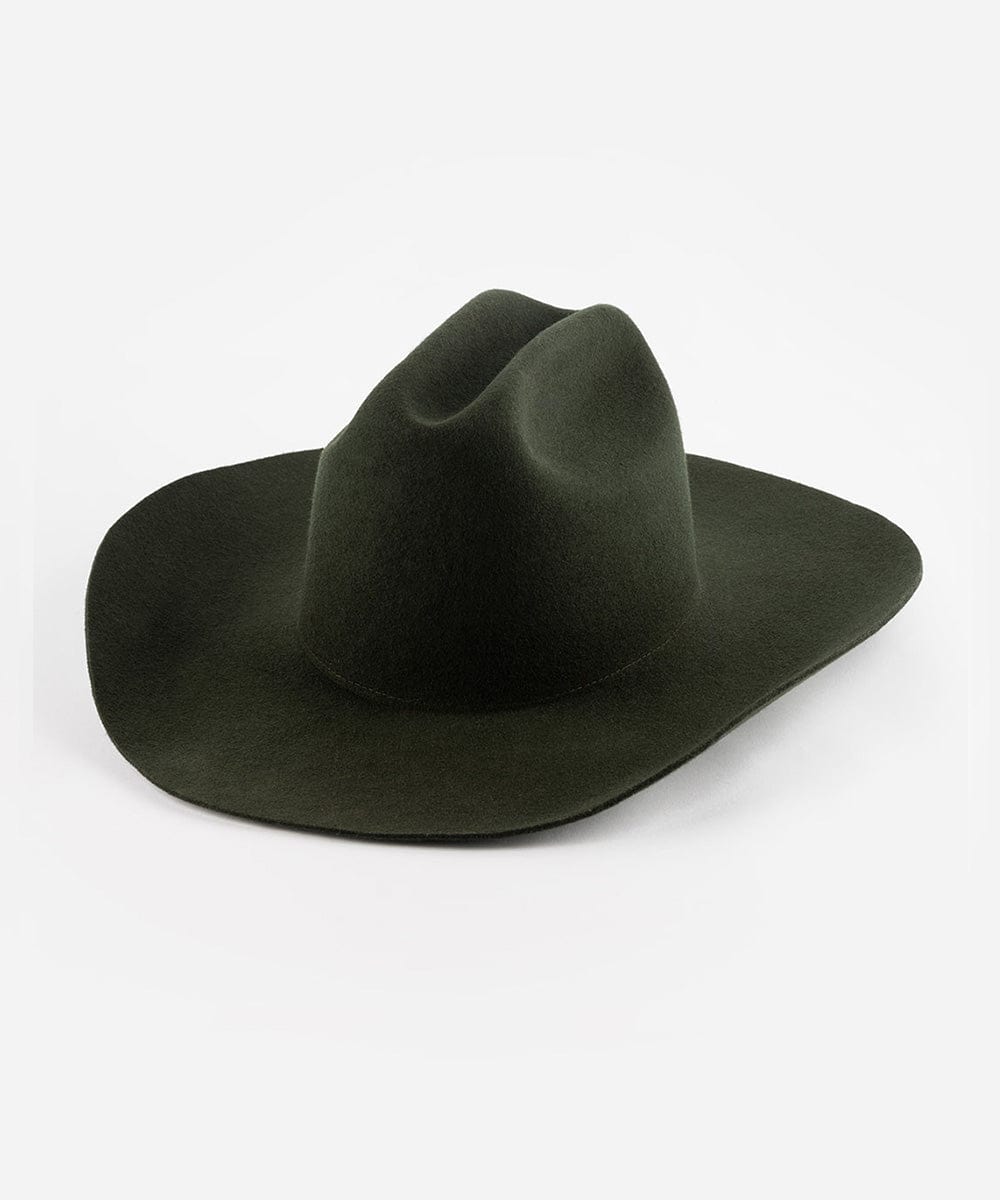 A dark green cowboy hat with a wide brim and a true western cattleman crown. #color_dark green