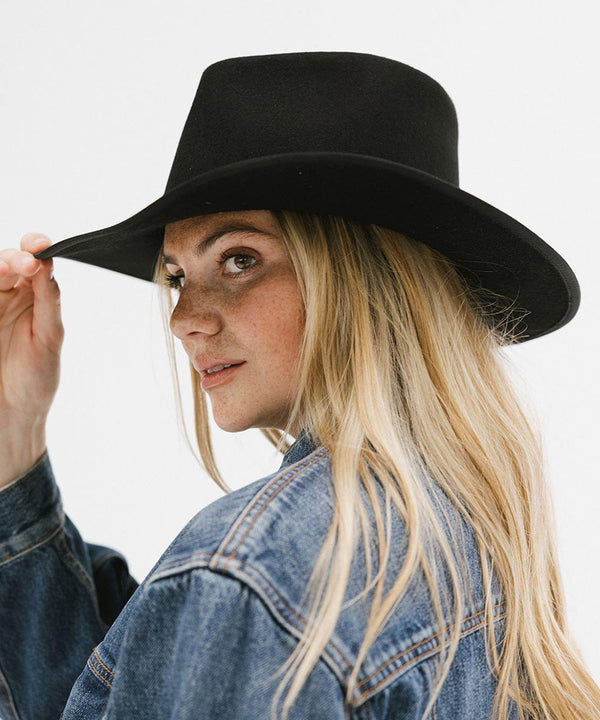 Gigi Pip felt hats for women - June Teardrop Rancher - 100% australian wool teardrop rancher with an angled western brim hat featuring a gold plated Gigi Pip branded pin on the back of the crown [black]