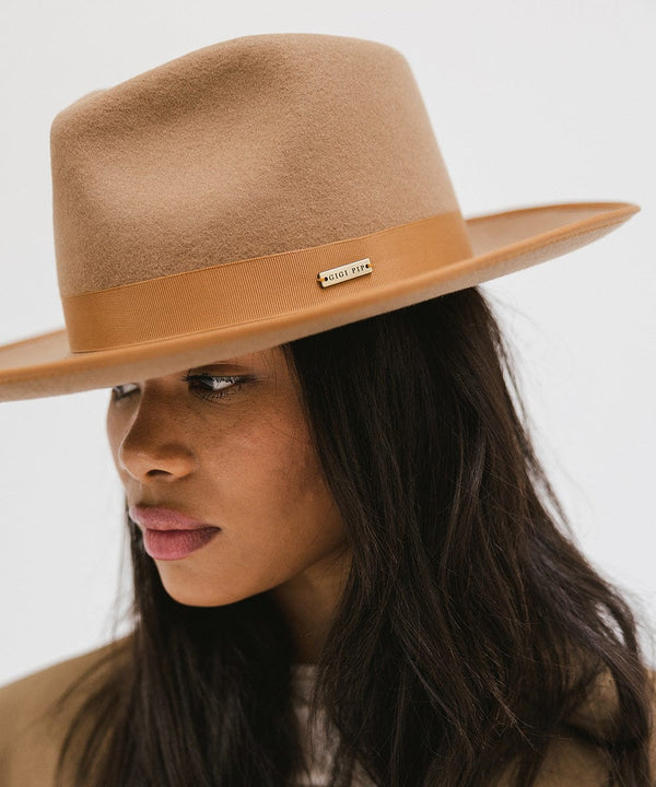 Gigi Pip felt hats for women - Monroe Rancher - fedora teardrop crown with stiff, upturned brim adorned with a tonal grosgrain band on the crown and brim [brown]