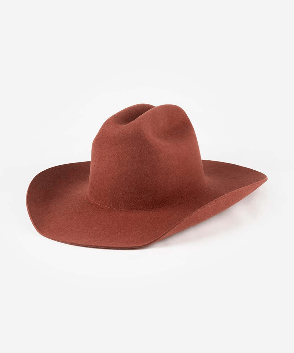 A classic cowboy hat in a warm rust brown color, photographed from a side angle on a clean white background #color_rusty red