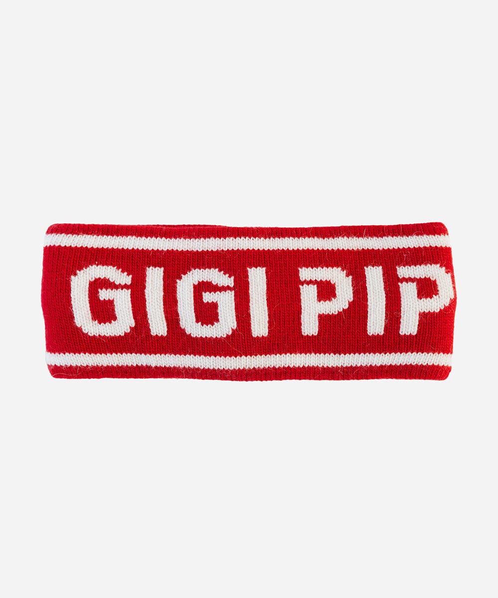 Ruby red colored headband with 'GIGI PIP' text on a white background #color_ruby red
