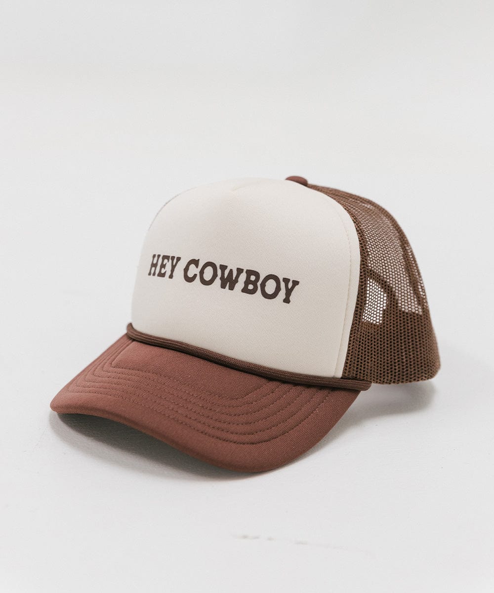 A cream and chocolate brown cap with 'Hey Cowboy' text on a white background #color_cream-chocolate brown