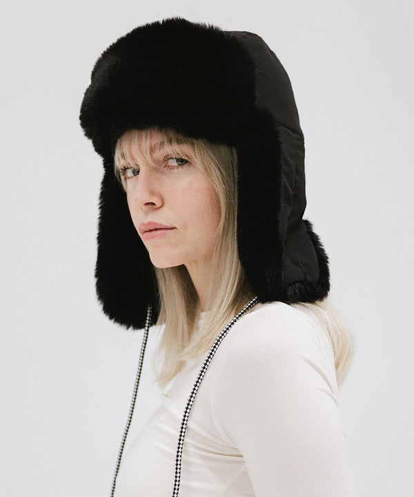 Gigi Pip winter hats for women - Leda Trapper Hat - 100% faux fur + polyester classic style inspired trapper hat featuring a retro limited edition holiday Gigi Pip logo [black]