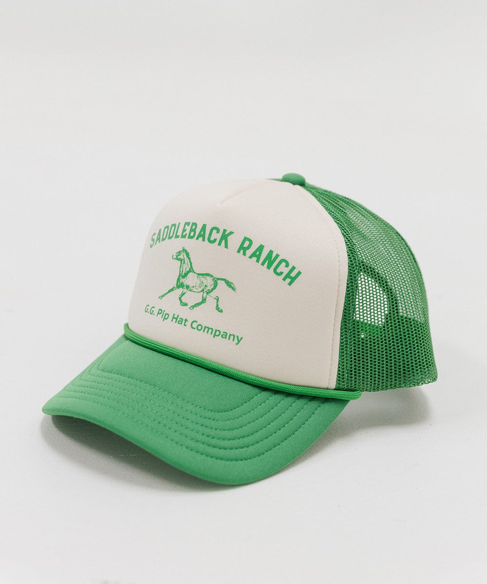 A cream and vintage green cap with 'Saddleback Ranch' text and logo on a white background #color_cream - vintage green