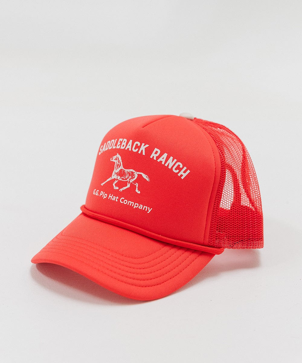 A vintage red colored cap with 'Saddleback Ranch' text and logo on a white background #color_vintage red