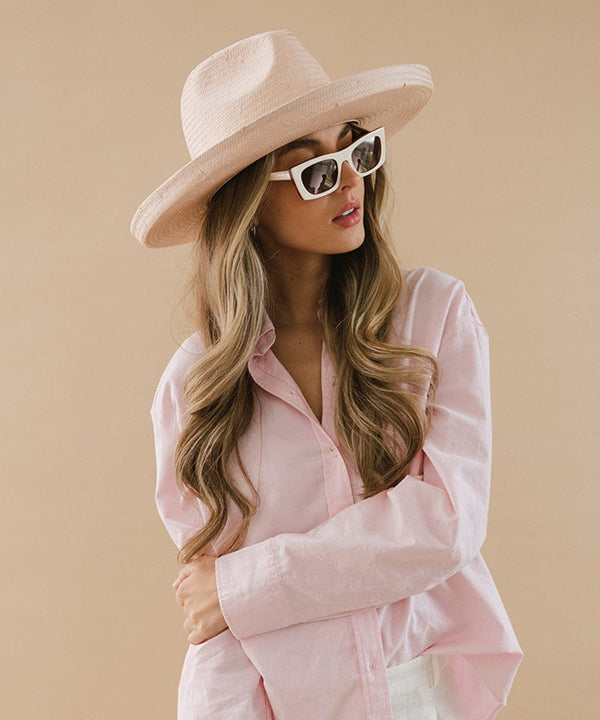 Gigi Pip limited edition straw hats for women - Pink Penny Pencil Brim Straw - 100% Paper straw fedora sun hat with a pencil roll brim in a limited edition pink colorway, featuring a tonal genuine leather hat band [limited-edition-light-pink]