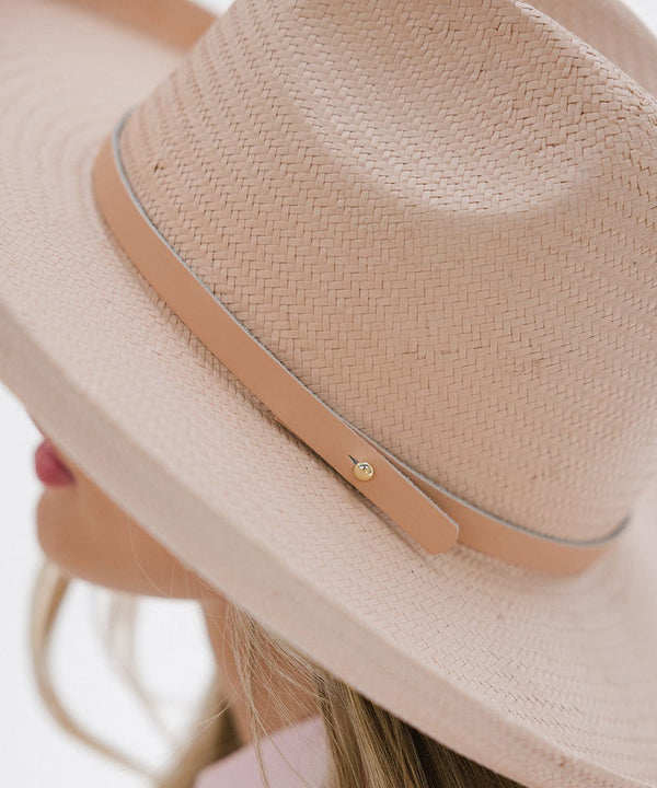 Gigi Pip limited edition straw hats for women - Pink Penny Pencil Brim Straw - 100% Paper straw fedora sun hat with a pencil roll brim in a limited edition pink colorway, featuring a tonal genuine leather hat band [limited-edition-light-pink]