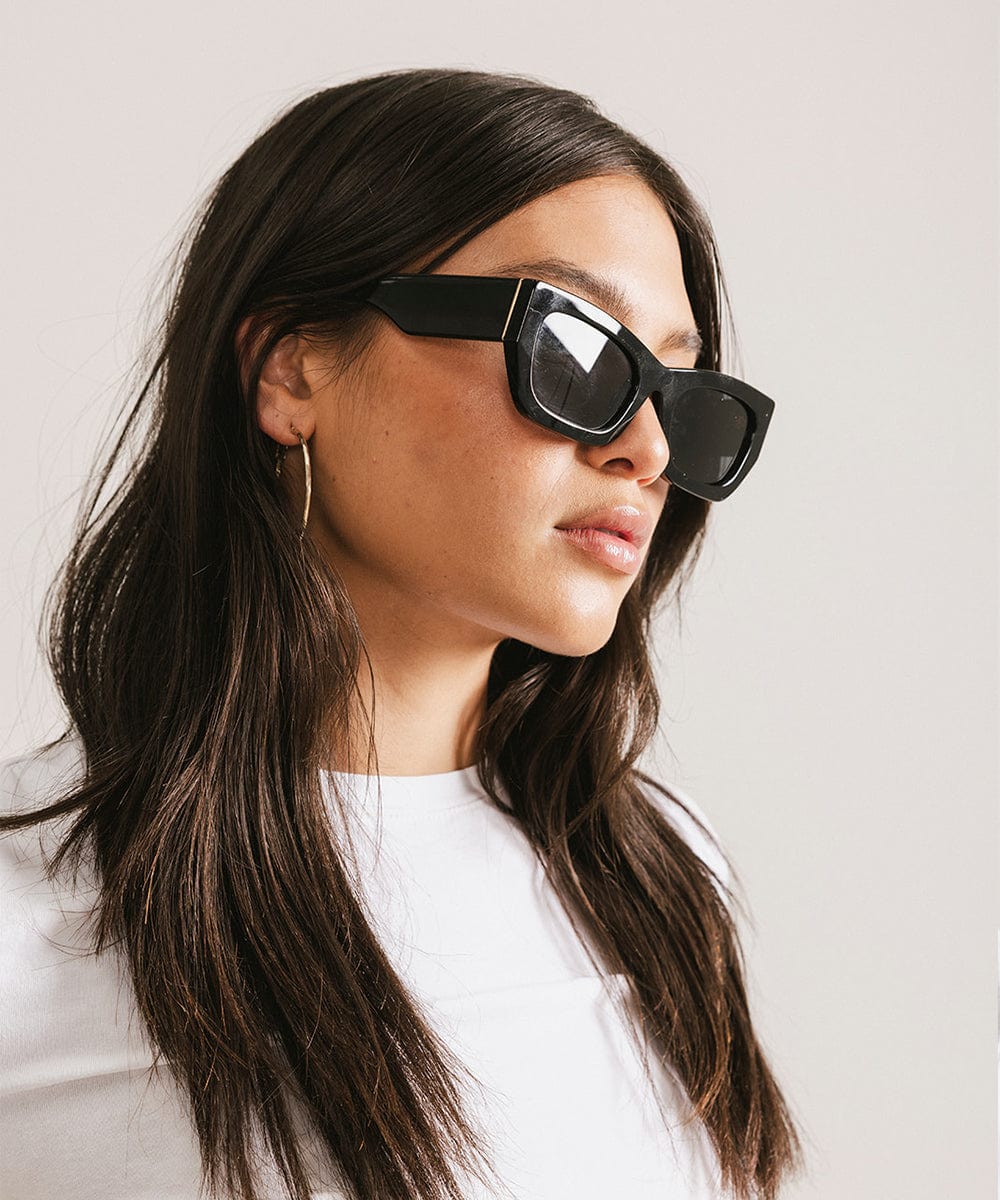 Woman wearing black sunglasses and a white t-shirt, posing sideways against a plain background #color_black