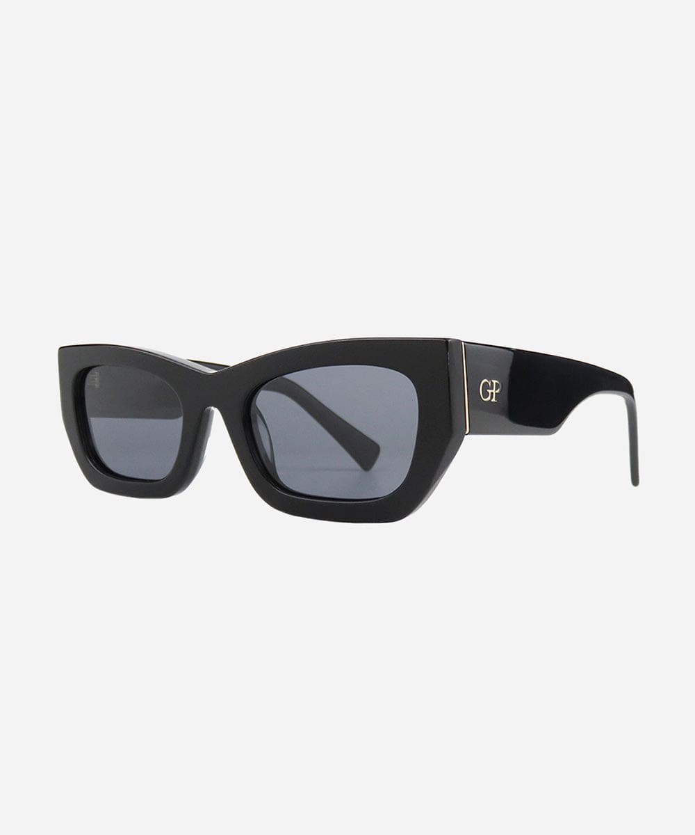 Black sunglasses with a brand logo on a white background #color_black