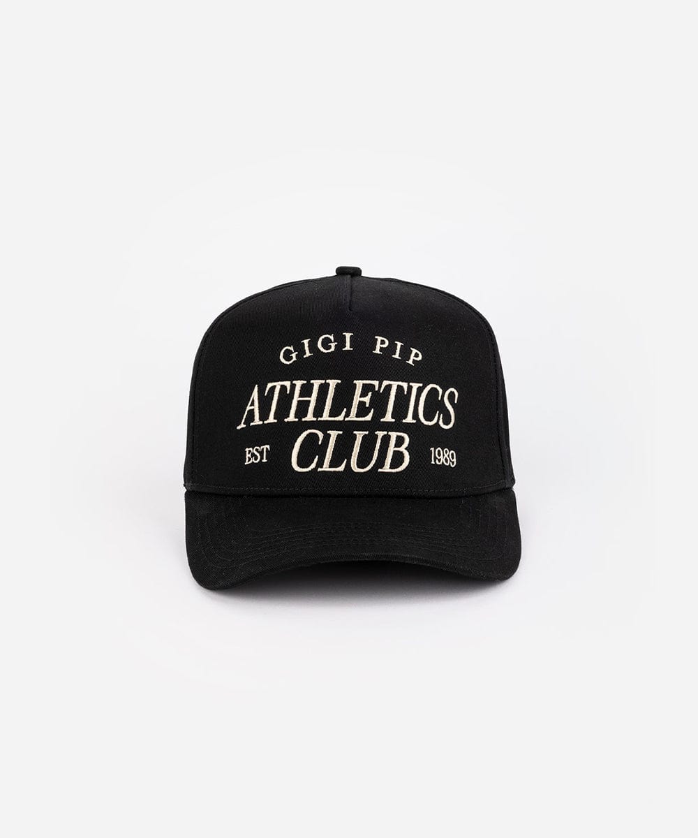 Black Trucker hat with 'Gigi Pip Athletics Club' text on a white background #color_black