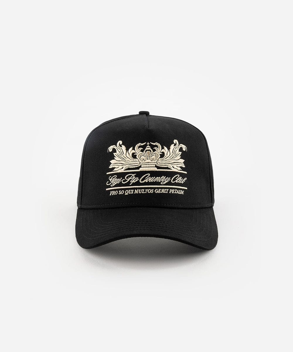A black vintage trucker cap with a white logo and the text 'Gigi Pip Country Club', displayed against a plain background #color_black