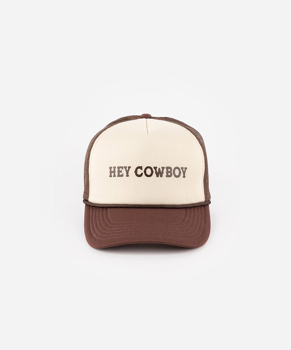 A cream and chocolate brown cap with 'Hey Cowboy' text on a white background #color_cream-chocolate brown