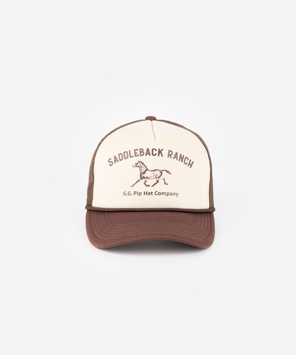 A cream and chocolate brown cap with 'Saddleback Ranch' text and logo on a white background #color_cream - chocolate brown