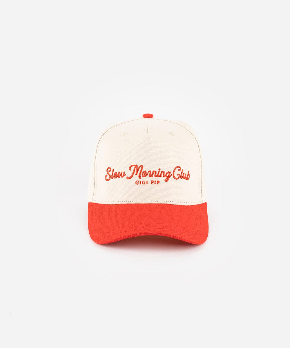 A cream and red cap with 'Slow Morning Club' text on a white background #color_cream - red