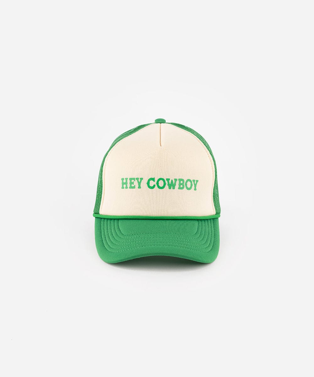 A cream and vintage green cap with 'Hey Cowboy' text on a white background #color_cream-vintage green