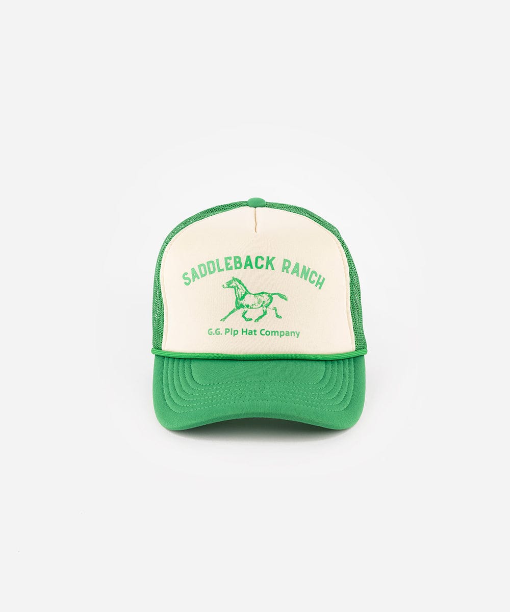 A cream and vintage green cap with 'Saddleback Ranch' text and logo on a white background #color_cream - vintage green