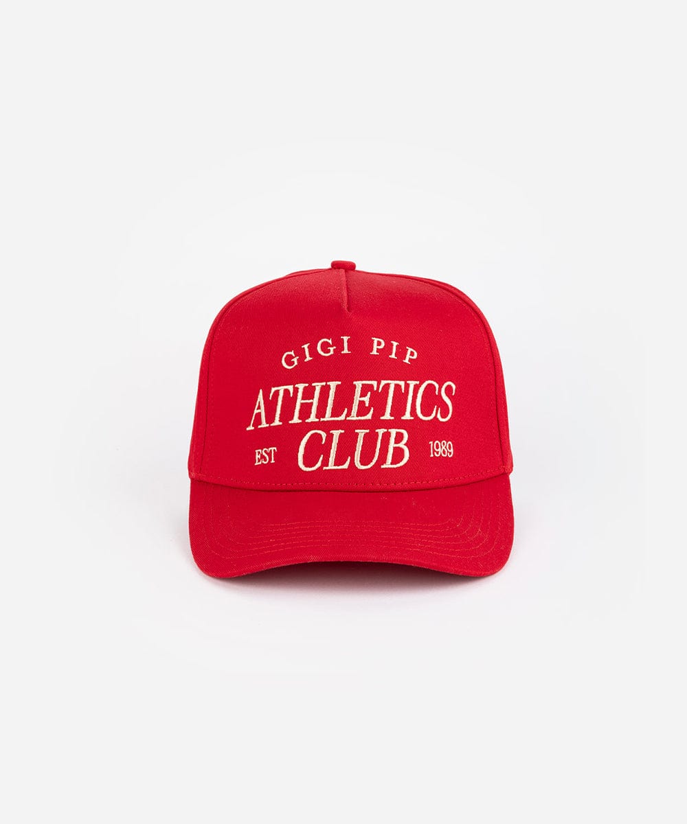 Red Trucker hat with 'Gigi Pip Athletics Club' text on a white background #color_red